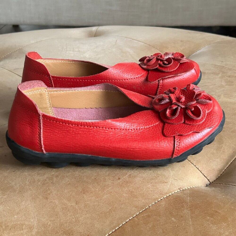 Red Lagenlook Art Teacher Ballet Flats Romantic Flower Soft Leather Shoes, 7.5 - Picture 5 of 11